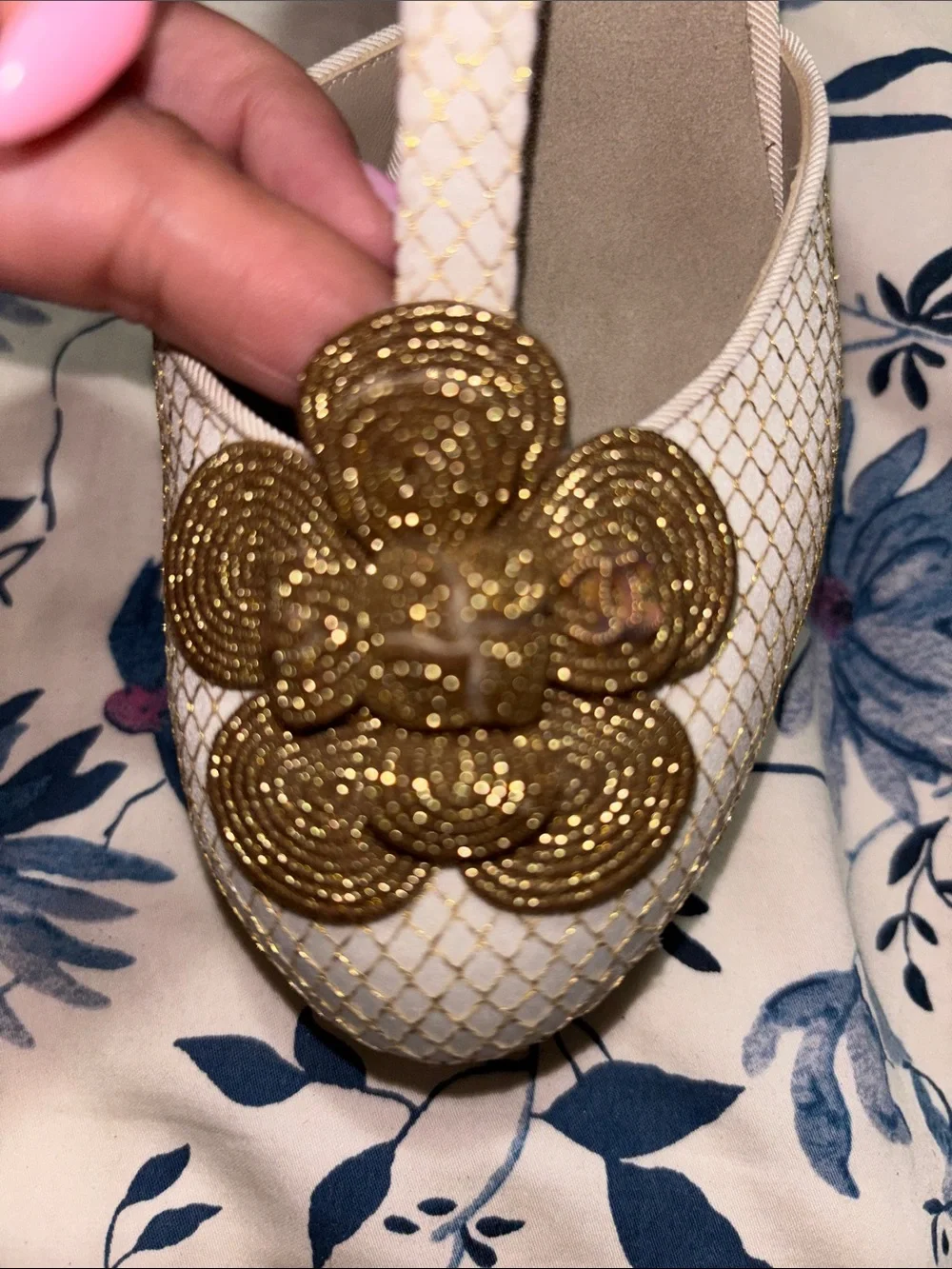 CHANEL Cream and Gold Camellia Ankle-Strap Heels